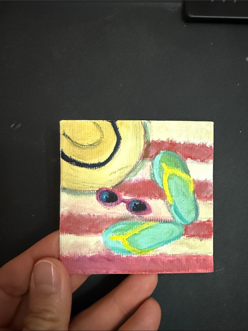 Hand-Painted Beach Mini Canvas Art - Teal Flip-Flops  3”x 3”